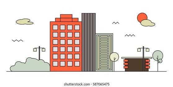 Modern street scenery in flat design style. Residential or business district with park and small coffeehouse or shop