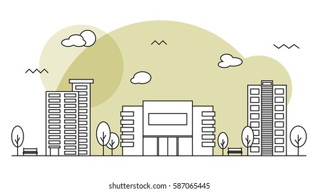 Modern street scenery. Outline flat design style. Residential district with building of bank, cinema or market, trees and houses