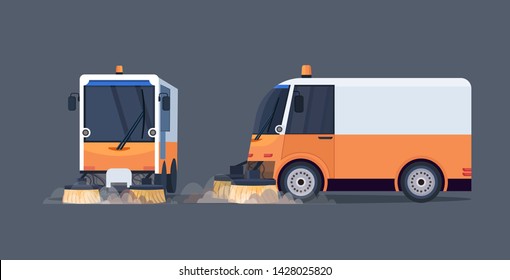 modern street sweeper truck front and side view industrial vehicle cleaning machine urban road service concept flat horizontal