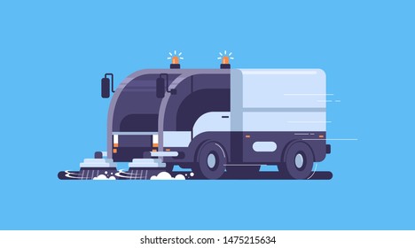 modern street sweeper truck industrial vehicle cleaning machine urban road service concept flat blue background horizontal