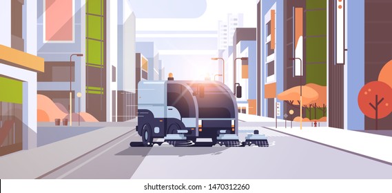 modern street sweeper truck washing asphalt industrial vehicle cleaning machine urban road service concept city buildings cityscape sunset background flat horizontal