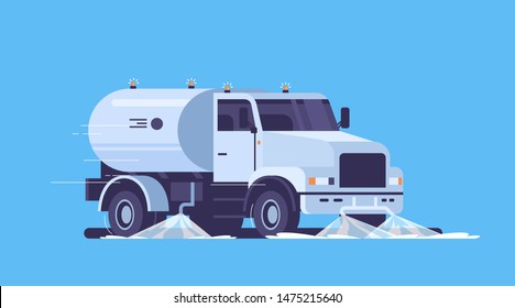 modern street sweeper truck washing asphalt with water industrial vehicle cleaning machine urban road service concept flat blue background horizontal