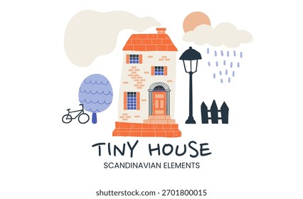 Modern street with tiny house and rain cloud on scandinavian windows. Book covers and magazine illustrations