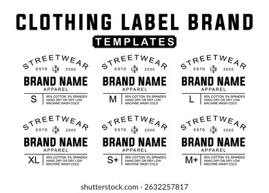 Modern Streetwear Clothing Label Templates. Editable Unisex Apparel Size Tags for T-Shirts, Hoodies, and Fashion Brands