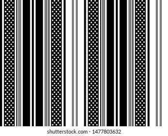 Modern stripe and dots seamless pattern with black and white colors vertical parallel stripes.Vector abstract background.