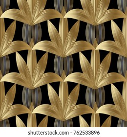 Flores de rayas modernas, sin fisuras. Fondo floral negro vectorial con flores doradas 3d, líneas, formas onduladas a rayas en estilo de flores cachemir. Papel de oro de lujo. Diseño para tejidos, impresiones.