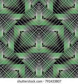 Modern striped geometric seamless pattern. Vector abstract surface check background. Abstract 3d ornaments with stripes, rhombus, lines, shapes, figures. 3d design for prints, textile, wallpapers