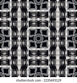Modern striped greek seamless pattern. Stripes and wavy lines black and white vector background. Repeat beautiful floral backdrop. Greek key meanders, flowers, circles, waves. Textured endless design.