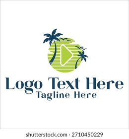 Vector moderno con el logotipo del Botón de juego verde a rayas. Plantilla de íconos de palmeras tropicales y aves para Naturaleza Video, medios de viaje o App digital.