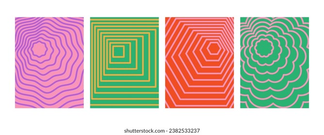 Modern striped hypnotic illusion banners, covers, backgrounds. Psychedelic groovy lines. Y2k waves.