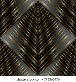 Modern striped lattice 3d seamless pattern. Surface drapery geometric black gold background. Luxury 3d wallpaper. Waves, shapes, zigzag, stripes. Golden line art tracery ornaments. For fabric, prints
