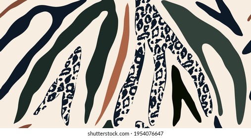 Modern striped leopard skin seamless pattern. Hand drawn trendy abstract print. Creative collage seamless pattern. 