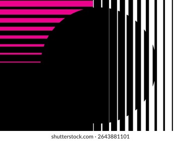 Modern striped pattern of abstract shapes. Black, white and purple. Abstract vector background of parallel lines for covers, packaging, advertising, posters. Large circle