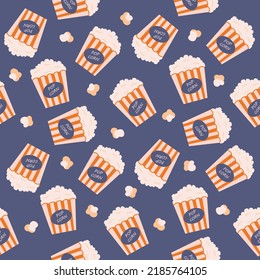 Modern striped popcorn buckets seamless vector pattern.Online movie theater background.Vector illustration cartoon flat style.