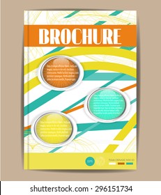 Modern, striped, simple, isolated, template design, brochure, report, book, flyer with blue, white, yellow stripes, colorful badges with text, brown background