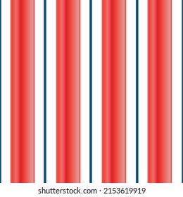 Modern striped vector seamless pattern background. Red gradient wide stripes and narrow blue stripe on white backdrop repeat. Vertical repeat for Americana and 4th July celebration, Independence Day