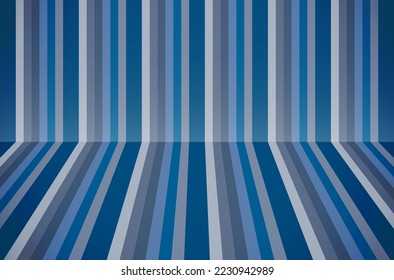 Modern striped wall, blue room, one point perspective room background, vertical lines pattern texture, vector illustration
