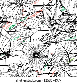 Modern Stripes Jungle Motif. Black White Tropical flowers, Leaf on Bright Abstract Shape Brush Line. Summer Stripe. Trending Seamless Pattern. Vector Background. Modern Watercolor Daubs, Ink, Stains.