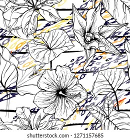 Modern Stripes Jungle Motif. Black White Tropical flowers, Leaf on Bright Abstract Shape Brush Line. Summer Stripe. Trending Seamless Pattern. Vector Background. Modern Watercolor Daubs, Ink, Stains.