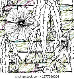 Modern Stripes Jungle Motif. Black White Tropical flowers, Leaf on Bright Abstract Shape Brush Line. Summer Stripe. Trending Seamless Pattern. Vector Background. Modern Watercolor Daubs, Ink, Stains.