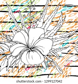 Modern Stripes Jungle Motif. Black White Tropical flowers, Leaf on Bright Abstract Shape Brush Line. Summer Stripe. Trending Seamless Pattern. Vector Background. Modern Watercolor Daubs, Ink, Stains.