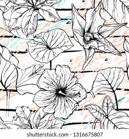 Modern Stripes Jungle Motif. Black White Tropical flowers, Leaf on Bright Abstract Shape Brush Line. Summer Stripe. Trending Seamless Pattern. Vector Background. Modern Watercolor Daubs, Ink, Stains.