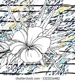 Modern Stripes Jungle Motif. Black White Tropical flowers, Leaf on Bright Abstract Shape Brush Line. Summer Stripe. Trending Seamless Pattern. Vector Background. Modern Watercolor Daubs, Ink, Stains.