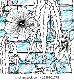Modern Stripes Jungle Motif. Black White Tropical flowers, Leaf on Bright Abstract Shape Brush Line. Summer Stripe. Trending Seamless Pattern. Vector Background. Modern Watercolor Daubs, Ink, Stains.