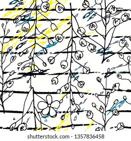 Modern Stripes Jungle Motif. Black White Tropical flowers, Leaf on Bright Abstract Shape Brush Line. Summer Stripe. Trending Seamless Pattern. Vector Background. Modern Watercolor Daubs, Ink, Stains.