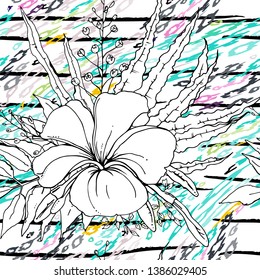 Modern Stripes Jungle Motif. Black White Tropical flowers, Leaf on Bright Abstract Shape Brush Line. Summer Stripe. Trending Seamless Pattern. Vector Background. Modern Watercolor Daubs, Ink, Stains.