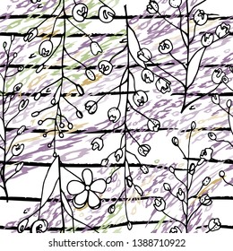 Modern Stripes Jungle Motif. Black White Tropical flowers, Leaf on Bright Abstract Shape Brush Line. Summer Stripe. Trending Seamless Pattern. Vector Background. Modern Watercolor Daubs, Ink, Stains.