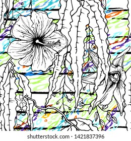 Modern Stripes Jungle Motif. Black White Tropical flowers, Leaf on Bright Abstract Shape Brush Line. Summer Stripe. Trending Seamless Pattern. Vector Background. Modern Watercolor Daubs, Ink, Stains.