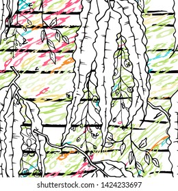 Modern Stripes Jungle Motif. Black White Tropical flowers, Leaf on Bright Abstract Shape Brush Line. Summer Stripe. Trending Seamless Pattern. Vector Background. Modern Watercolor Daubs, Ink, Stains.