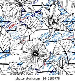 Modern Stripes Jungle Motif. Black White Tropical flowers, Leaf on Bright Abstract Shape Brush Line. Summer Stripe. Trending Seamless Pattern. Vector Background. Modern Watercolor Daubs, Ink, Stains.