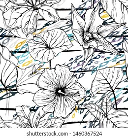 Modern Stripes Jungle Motif. Black White Tropical flowers, Leaf on Bright Abstract Shape Brush Line. Summer Stripe. Trending Seamless Pattern. Vector Background. Modern Watercolor Daubs, Ink, Stains.