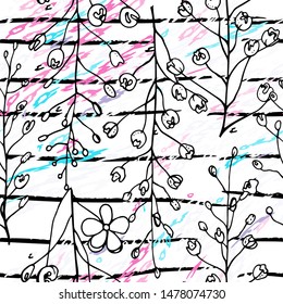 Modern Stripes Jungle Motif. Black White Tropical flowers, Leaf on Bright Abstract Shape Brush Line. Summer Stripe. Trending Seamless Pattern. Vector Background. Modern Watercolor Daubs, Ink, Stains.