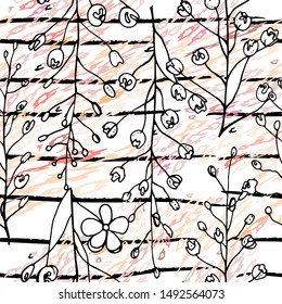 Modern Stripes Jungle Motif. Black White Tropical flowers, Leaf on Bright Abstract Shape Brush Line. Summer Stripe. Trending Seamless Pattern. Vector Background. 