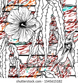 Modern Stripes Jungle Motif. Black White Tropical flowers, Leaf on Bright Abstract Shape Brush Line. Summer Stripe. Trending Seamless Pattern. Vector Background. Modern Watercolor Daubs, Ink, Stains.