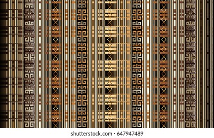 Modern stripes seamless pattern. Luxury creative gold black brown geometric background. Stylish 3d striped wallpaper with lines greek key and stripe ornaments. Vector surface ornate texture