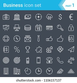 Modern, stroked business icons isolated on dark background.