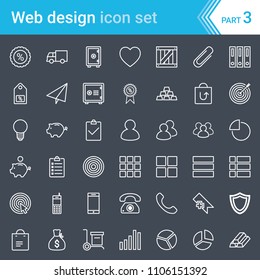 Modern, stroked web design, seo and development icons isolated on dark background.