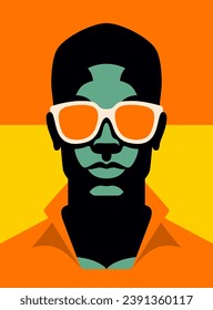 Modern strong black man in orange sunglasses portrait canvas print poster vector flat illustration. Young power brave African American male face bright color background ethnic freedom and support