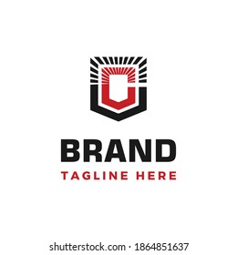 Modern and strong style initial letter C in shield shape and light rays logo template