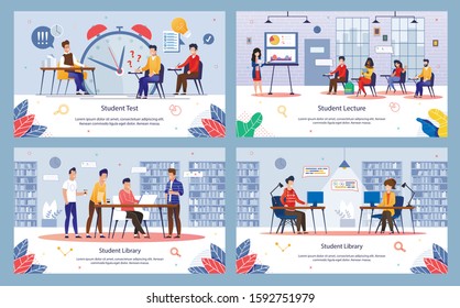 Modern Student College Education Daily Life Routine Trendy Flat Vector Banners, Posters Templates Set with Students Studying on Lecture, Visiting Library, Answering Questions on Tests Illustration