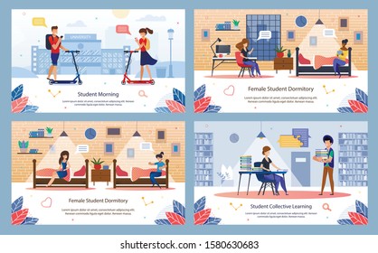 Modern Student Daily Life, Collage or University Happy Time Trendy Flat Vector Banner, Poster Templates Set. Students Riding Scooter, Collective Learning in Library, Resting in Dormitory Illustration