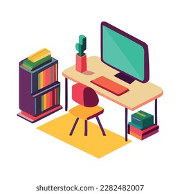 Modern student desk with computer and books isolated