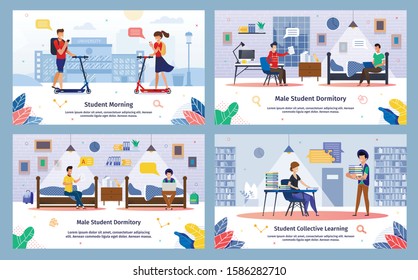 Modern Student Life Situations and College Education Daily Routine Trendy Flat Vector Banners Set. Students Going to University on Scooters, Resting in Dormitory, Reading Books in Library Illustration