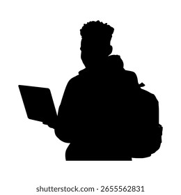 Modern Student Silhouette with Backpack and Laptop, Black Silhouette of a Young Man Holding a Laptop Digital Lifestyle