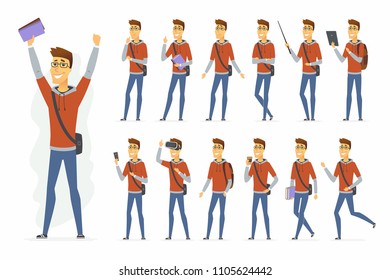 Modern student - vector cartoon people character set isolated on white background. Cheerful boy in casual clothes with bag, book, gadgets, vr glasses. Set of different situations for animation