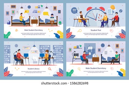 Modern Students Daily Routine and Lifestyle Trendy Flat Vector Banners, Posters Set. Male, Female Students Learning in Library, Writing College Test, Talking with Friend in Dormitory Illustration